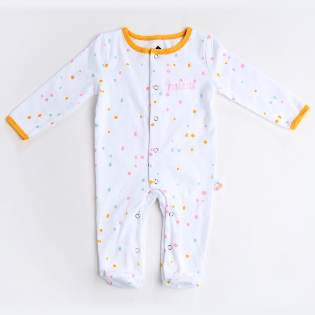 Personalised embroidered Baby grow & matching hat in neutral unisex dotty pattern design with orange trim.