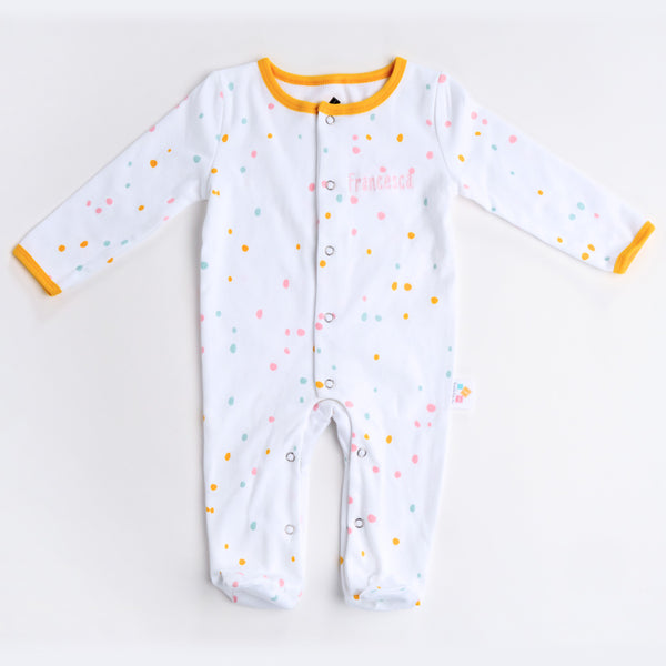Personalised embroidered Baby grow & matching hat in neutral unisex dotty pattern design with orange trim.